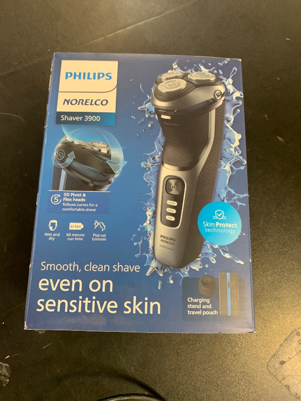 Photo 1 of Philips Norelco Shaver 3900 Series, Wet and Dry Electric Shaver, P-Cap, Travel Pouch, Charging Stand, Storm Blue, Model S3341/92