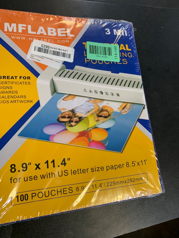 Photo 1 of MFLABEL Thermal Laminating Pouches, 8.9 x 11.4-Inches Clear Thermal Laminating Plastic Paper Laminator Sheets for Photos Files Drawings for Use with Thermal Laminators 3 mil 100-Pack