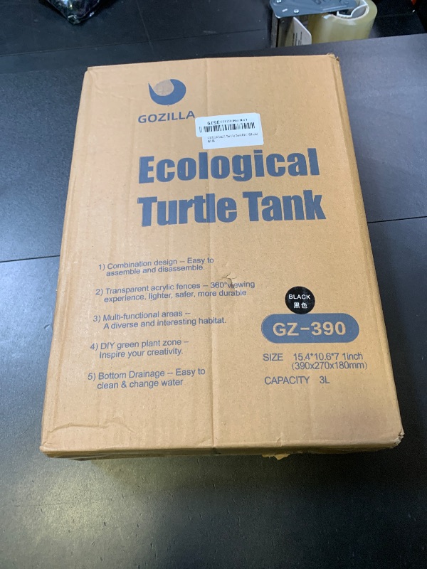 Photo 1 of GOZILLA Small Turtle Tank Kit(Tank+Lamp+Filter), Acrylic Turtle Starter Kit with Adjustable Lamp, Reptile Habitat and Terrarium with Multi-Functional Areas for Small Reptiles. (Black Kit)