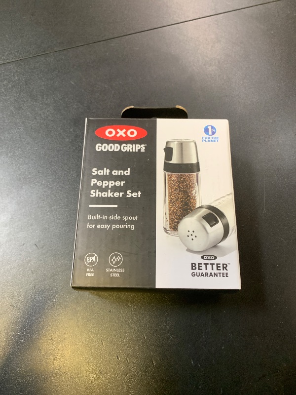 Photo 1 of OXO Salt and Pepper Shaker Set, Clear, Stainless Steel