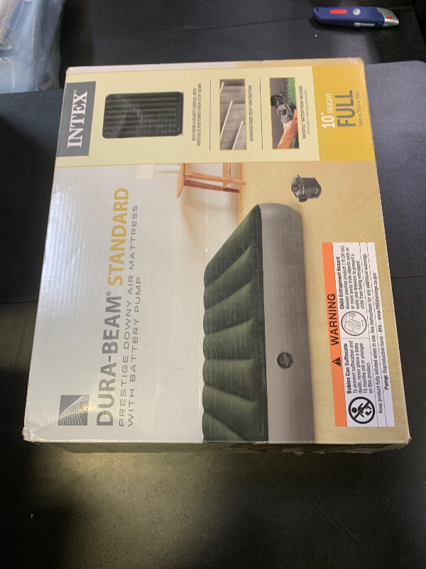 Photo 1 of Intex 64778E Dura-Beam Standard Prestige Air Mattress: Fiber-Tech – Full Size – Hand-Held Battery Pump – 10in Bed Height – 600lb Weight Capacity