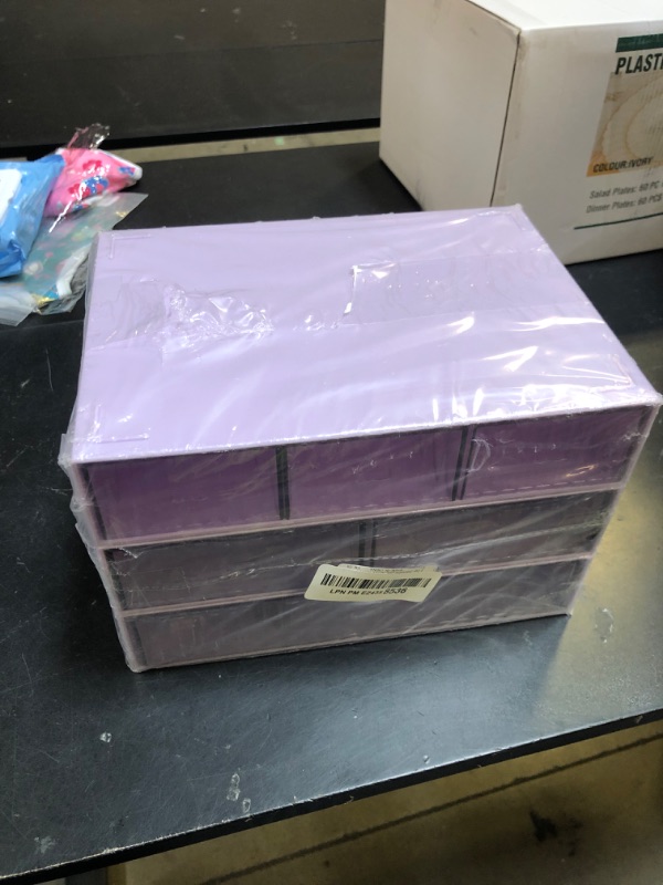 Photo 1 of 3 Tier Stackable Desk Organizer with 6 Drawers, Plastic Desktop Storage Box Drawers, Detachable Makeup Storage Office Stationery Supplies Organizer for Office School(Purple)
