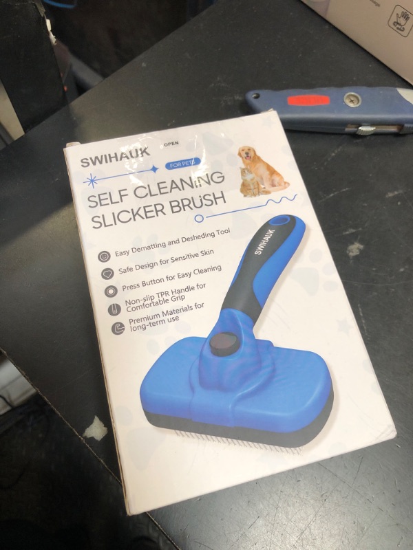 Photo 1 of Swihauk Self Cleaning Slicker Brush - Skin Friendly Deshedding Grooming Tool for Dogs & Cats, Suitable for Shedding & Haired Pets, with Pet Supplies Accessories, Blue