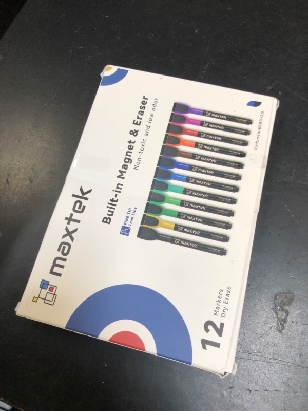 Photo 1 of maxtek Magnetic Whiteboard Markers - 12 Count Colorful Fine Tip Dry Erase Markers with Eraser for Kids, Low Odor Thin Markers for Calendar Boards