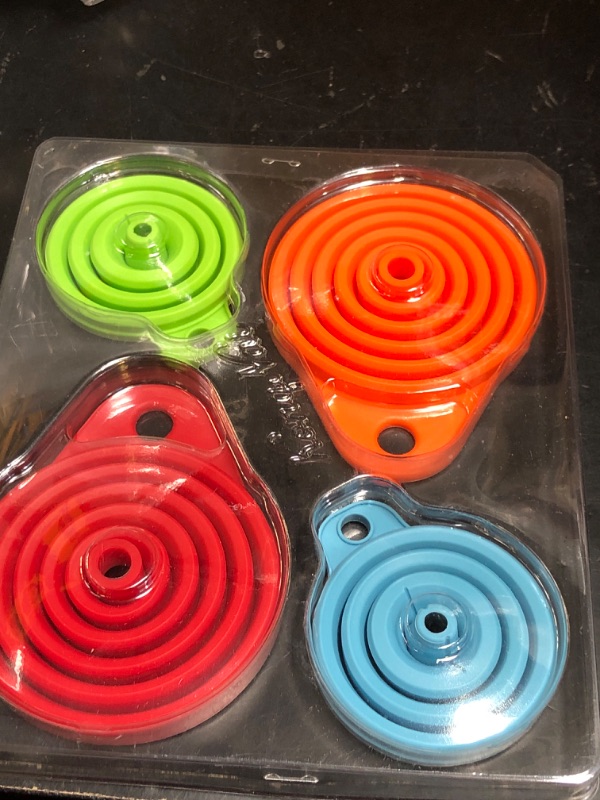 Photo 1 of KongNai Kitchen Funnel Set 4 Pack, Small and Large, Kitchen Gadgets Accessories Foldable Silicone Collapsible Funnels for Filling Water Bottle Liquid Transfer Food Grade