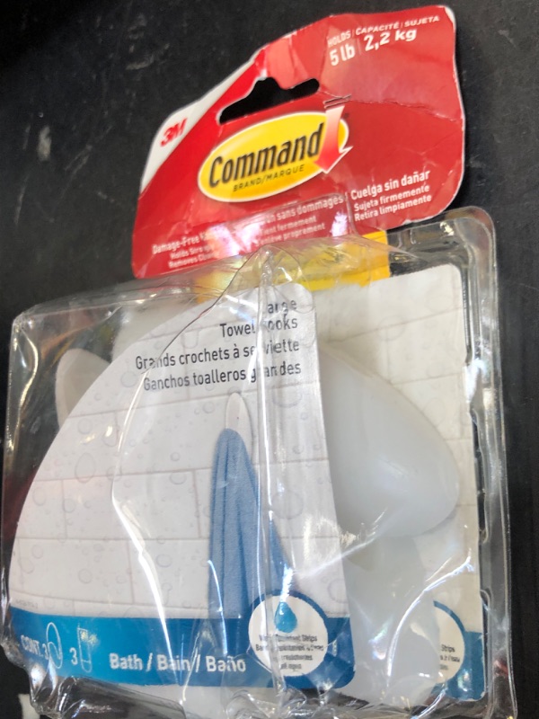 Photo 1 of Command Bath Large Towel Hook Value Pack, Clear Frosted, 3-Large Hooks, 3-Water-Resistant Strips, Organize Damage-Free