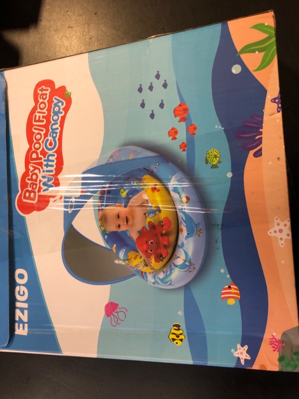 Photo 1 of EZIGO Baby Pool Float with Canopy UPF50+ Sun Protection, Inflatable Kids Pool Floats with Ocean Animal Toys for Babies 6-36 Months, Infant Swimming Float with Adjustable Safety Seat for Boys Girls