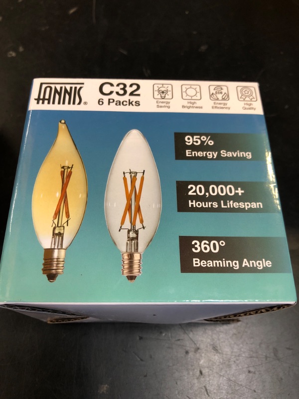 Photo 1 of FANNIS 6 Pack B10 CA10 Flame Tip Filament LED Bulb, 2W Equals 10W 15W 20W Warm White Light, E12 Candelabra Base Edison Bulb, Clear Glass Light Bulb for Pendant Chandelier Ceiling Fan
