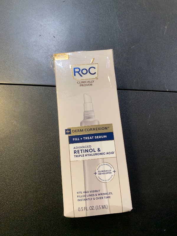 Photo 1 of RoC Derm Correxion Fill + Treat Advanced Retinol Serum, Wrinkle Filler Treatment with Hyaluronic Acid for Crow's Feet, 11 Wrinkles, & Laugh Lines, (.5 fl oz) with Retinol Packette (Packaging May Vary)
