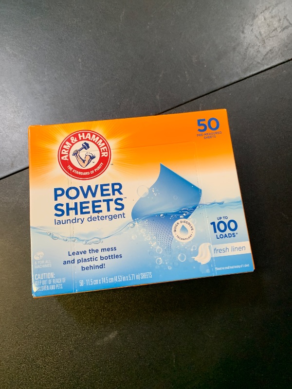 Photo 1 of Arm & Hammer Power Sheets Laundry Detergent, Fresh Linen 50ct, up to 100 Small Loads (Packaging may vary)