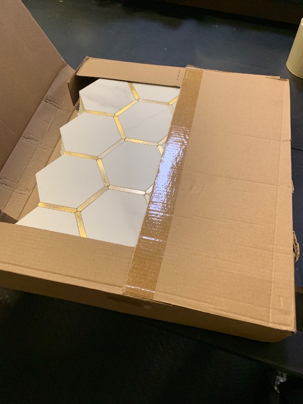 Photo 1 of Diflart Peel and Stick Kitchen Backsplash Tiles Gold and White Hexagon PVC Wall Tile Faux Marble for Kitchen Bathroom Pack of 10 Sheets