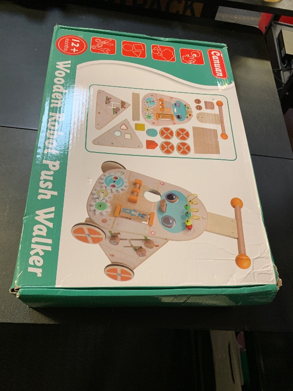 Photo 1 of Canuan Wooden Baby Walker, Adjustable Speed Push and Pull Learning Activity Walker, Toddler Push Walker Activity Center Toys with 7 Educational Activities for Boys Girls 1 2 3 Year Old