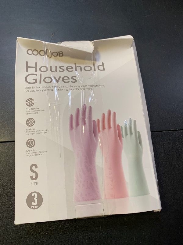Photo 1 of COOLJOB 3 Pairs Colorful Household Gloves with Cotton Liner & Non-slip Grip, Water Resistant Reusable Dish Washing Rubber Gloves for Kitchen & Bathroom Cleaning, Small