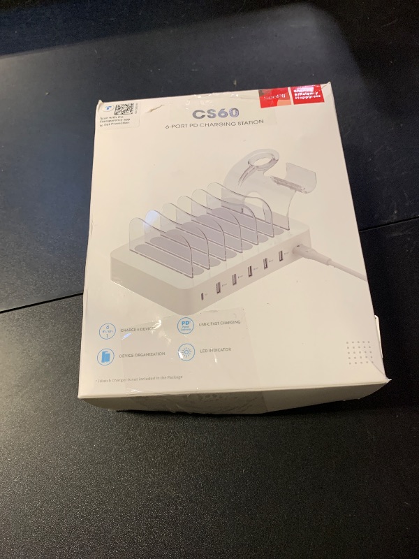 Photo 1 of SooPii 60W 6-Port Charging Station for Multiple Devices, PD 20W USB C Fast Charging for lPhone 14/13/12,6 Short Cables Included, 2 in 1 Holder,for Phones,Tablets and Others,White