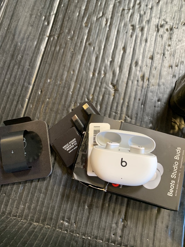 Photo 1 of Beats Studio Buds - True Wireless Noise Cancelling Earbuds - Compatible with Apple & Android, Built-in Microphone, IPX4 Rating, Sweat Resistant Earphones, Class 1 Bluetooth Headphones - White
