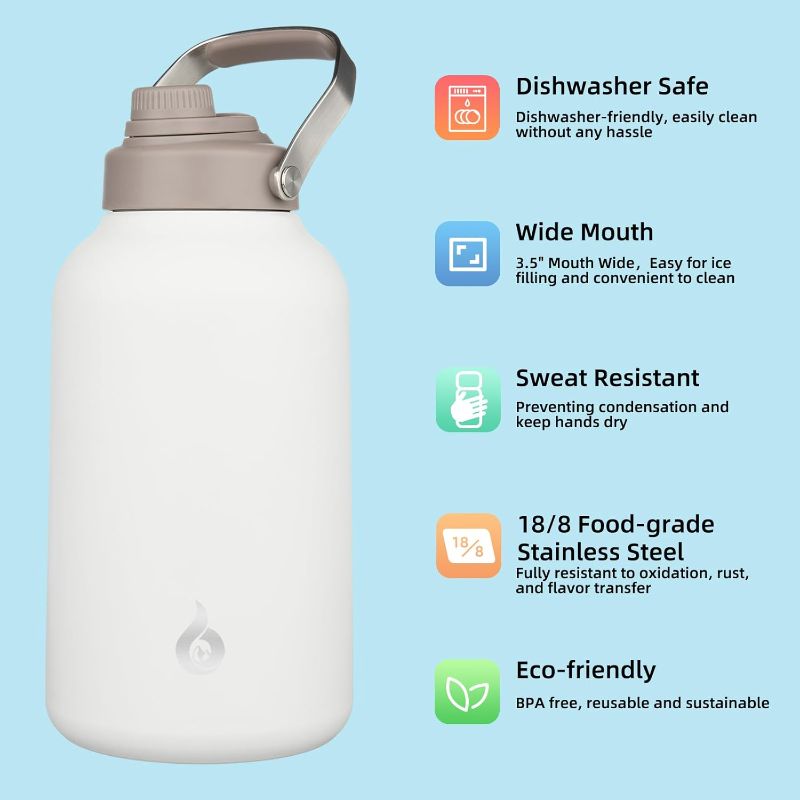 Photo 1 of BJPKPK 1 Gallon Water Bottle Insulated, Dishwasher Safe 128oz Large Water Jug with Metal Handle & BPA Free Spout Lid, Stainless Steel Metal Thermos for Gym, Sports & Hiking, Milky White