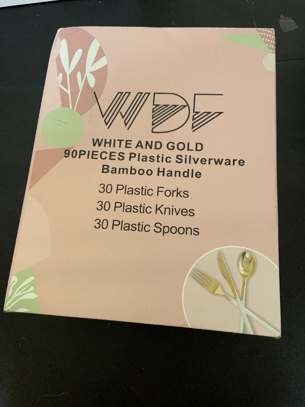 Photo 1 of WDF 90Pieces Gold Plastic Silverware-Gold Plastic Cutlery with White Handle- Heavy Duty Thanksgiving Christmas Silverware Include 30Forks, 30 Spoons, 30 Knives for Parties