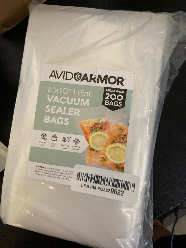 Photo 1 of Avid Armor Pre-Cut Pint Size Vacuum Sealer Bags 6x10 Inch 200 Pack - BPA Free, Heavy Duty, Commercial Grade, Compatible with FoodSaver & Seal-a-Meal, Perfect for Sous Vide & Food Storage