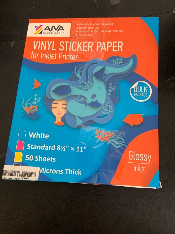Photo 1 of Printable Vinyl Sticker Paper - Waterproof Decal Paper for Inkjet Printer - 50 Self-Adhesive Sheets - Glossy White - Standard Letter Size 8.5"x11"