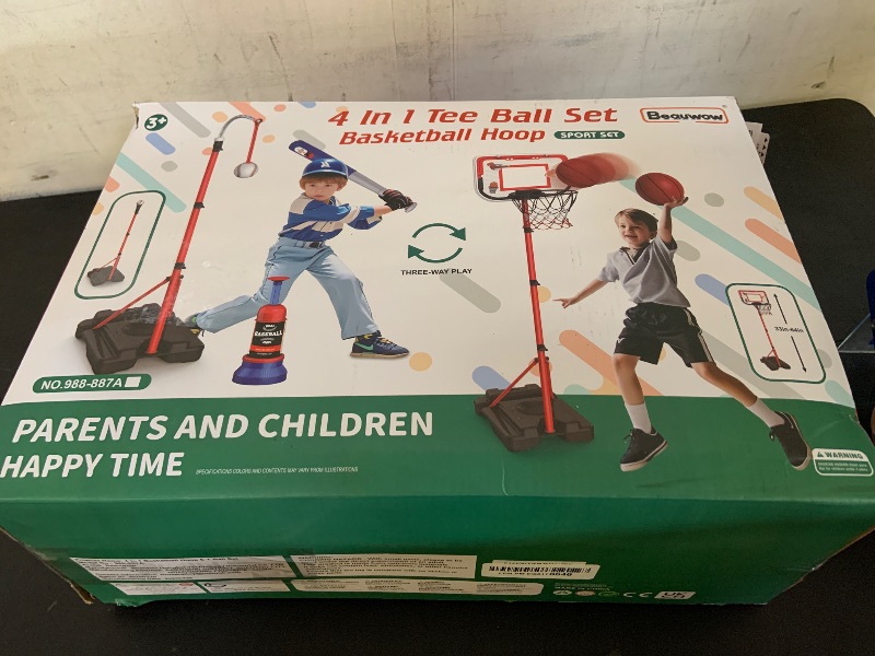 Photo 1 of 4 in 1 Kids Basketball Hoop and T-Ball Set - Adjustable Hanging T-Ball Stand with Automatic Pitching Machine, Indoor Outdoor Sports Toys, Christmas Birthday Gifts for Boys Girls Ages 3-8