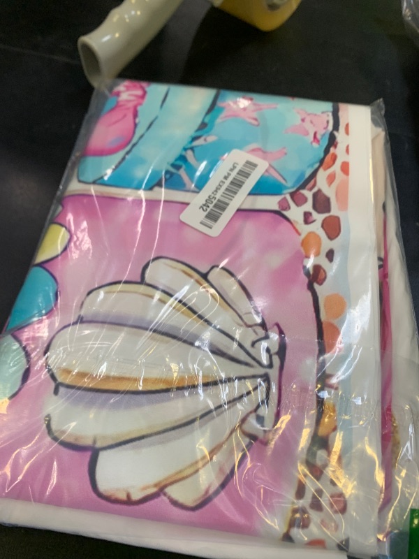 Photo 1 of MAYSSKQ Mermaid Baby Shower Backdrop Purple Teal Mermaid Princess 7x5ft Vinyl Backdrop with Stand, Clips, Rod Pocket