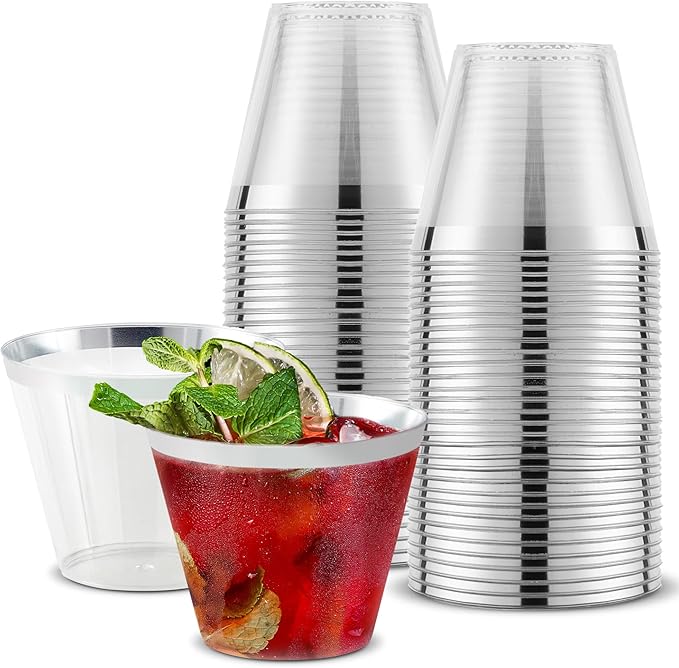 Photo 1 of 100 Purple Glitter Plastic Cups and 1 Silver Ice Tong Set - 9 Ounce Disposable Cocktail Glasses - Plastic Wine Cups - Purple Party Decorations - Purple Party Supplies
