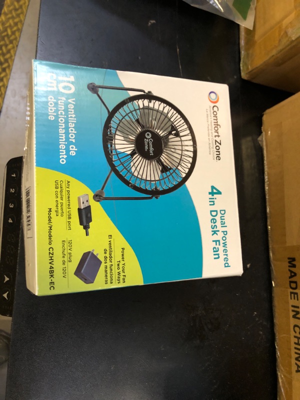 Photo 1 of Comfort Zone 4-inch All-Metal Desk Fan with USB or Power Cord, Single Speed, 360 Degree Adjustable Tilt, Compact & Durable Mini Electric Fan for Home, Office or Travel Use, Black