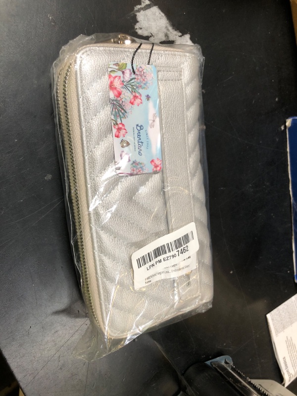 Photo 1 of B BRENTANO Vegan Leather Double Zipper Pocket Wallet with Grip Hand Strap (Chevron Embroidered Silver)