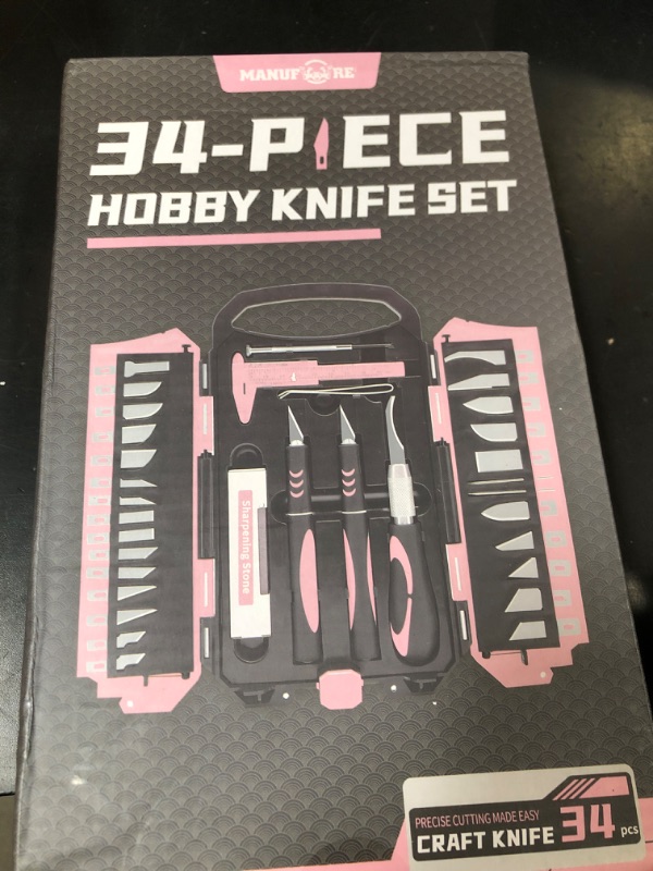 Photo 1 of MANUFORE 34pcs Large Exacto Knife Set Pink Deluxe Craft Precision Knife Set Include 3pcs Craft Knives with Anti-Slip Rubber Grip, 25pcs Different Blades, 2pcs Needles, Sharpening Stone, Screwdriver