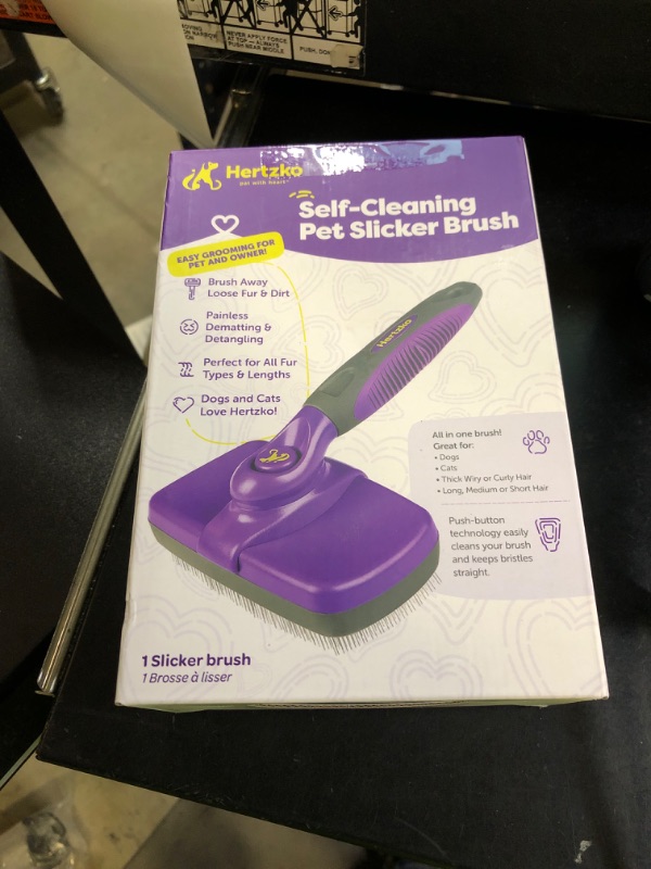Photo 1 of Hertzko Self Cleaning Slicker Brush for Dogs and Cats - Pet Hair Brush for Shedding Long and Short Hair - Easy Clean Retractable Bristles - Cat and Dog Grooming Tool - Purple