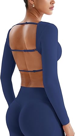 Photo 1 of YEOREO Villay Women Sexy Backless Long Sleeve Adjustable Straps Seamless Going Out Tops Open Back Y2K Crop Stretch Tee Shirt  Light Blue XS