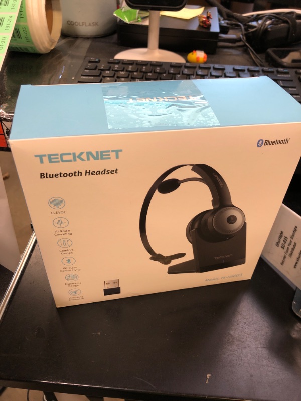 Photo 1 of TECKNET Wireless Headset for Work, 40Hrs Worktime AI Noise Cancelling Computer Headphones with Charging Base, Bluetooth Headset with Mic & USB Dongle for PC/Laptop/Call Center