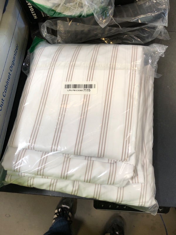 Photo 1 of Amazon Basics Lightweight Super Soft Easy Care Microfiber 4 Piece Bed Sheet Set with 14-Inch Deep Pockets, Queen, Taupe Stripe, Striped