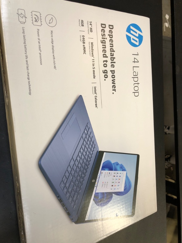Photo 1 of HP Portable Laptop, Student and Business, 14" HD Display, Intel Quad-Core N4120, 4GB DDR4 RAM, 64GB eMMC, 1 Year Office 365, Webcam, SD Card Reader, HDMI, Wi-Fi, Windows 11 Home, Blue, KKE Mousepad