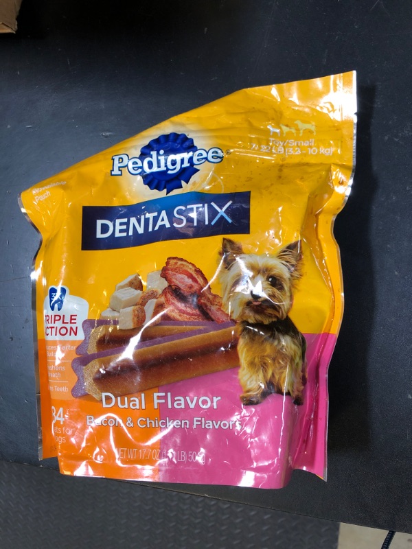 Photo 1 of Pedigree Dentastix Dual Flavor Small Breed Dog Treats, Bacon & Chicken, 17.78 oz. Bag (84 Treats)