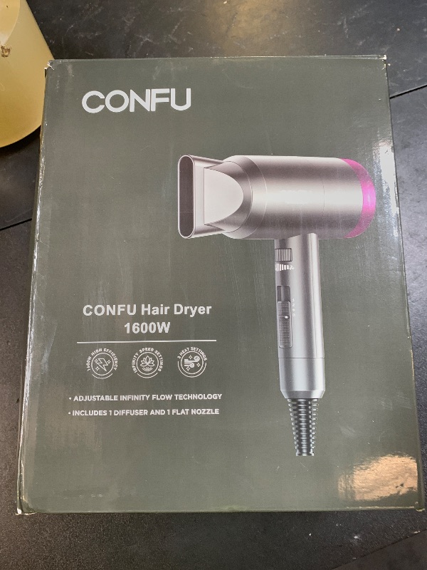 Photo 1 of CONFU Ionic Blow Dryer 1600W, Portable Lightweight Fast Drying Negative Ion Hairdryer Blowdryer, 3 Heat Settings & Infinity Speed, with Diffuser and Concentrator Nozzle for Home & Travel