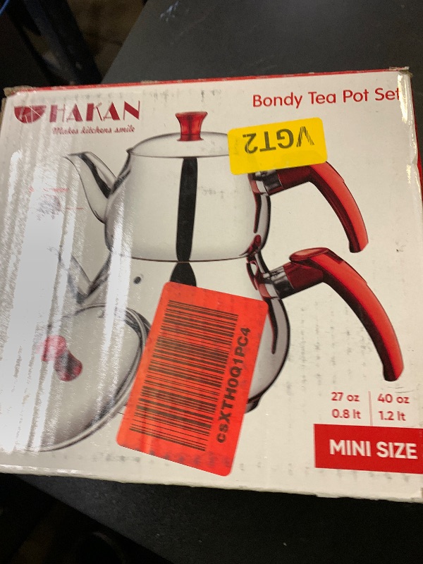 Photo 1 of Hakan Stainless Steel 2 L, 67 Oz, Mini Double Bondy Tea Pot Set with Self Strainer Double Lids, Turkish Samovar Style Teapot Set, Tea Kettle for Loose Leaf Tea with Red Bakelite Handle 2.1-Quart