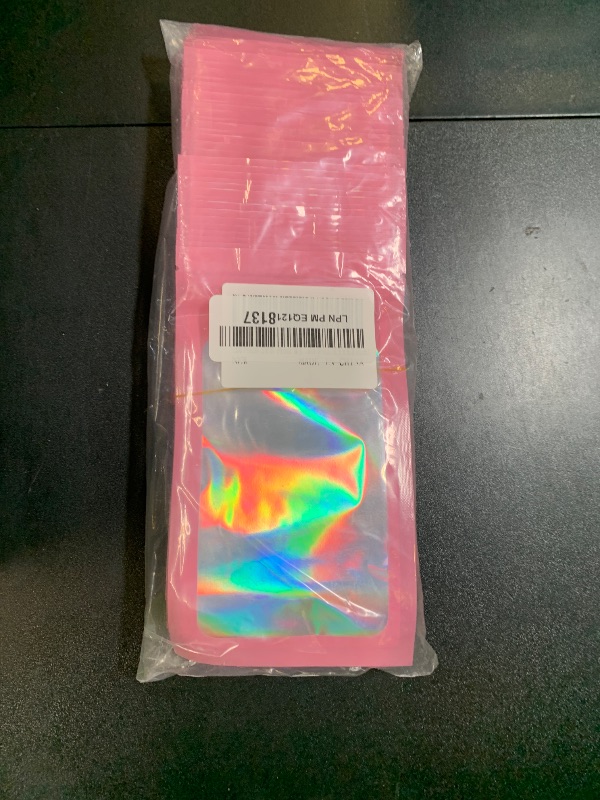 Photo 1 of 100 Pieces Smell Proof Mylar Resealable Bags, Holographic Packaging Bags, Resealable Odor Foil Pouch Zip Bag with Clear Window for Food Storage and Lipgloss, Jewelry Lash(Pink, 3.5 x 6.3 Inch)