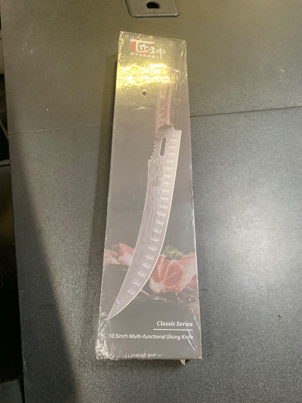 Photo 1 of SYOKAMI Butcher Breaking Knife for Meat Cutting, 10.5 Inch Japanese Style Curved Carving Knife with Wooden Full Tang Handle, Damascus Pattern, Razor Sharp Cimiters with Gift Box, Birthday Gift for Men