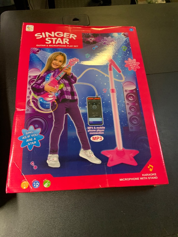 Photo 1 of Guitar and Microphone Play Set for Girls,Karaoke Machine with Music&Light,Microphone Toys with Stand,Adjustable Height Guitar Toys for Kids,Toddlers,Child(Red)
