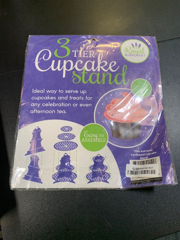 Photo 1 of ROYAL BLUEBONNET Cardboard Cupcake Stand, Pink and Gold, 3 Tier, Round, Food Safe, Party Decorations