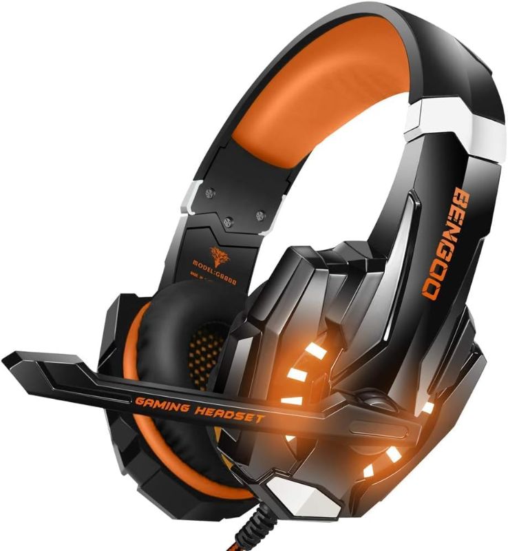 Photo 1 of BENGOO G9000 Stereo Gaming Headset for PS4, PC, Xbox One Controller, Noise Cancelling Over Ear Headphones with Mic, LED Light, Bass Surround, Soft Memory Earmuffs (Orange)
