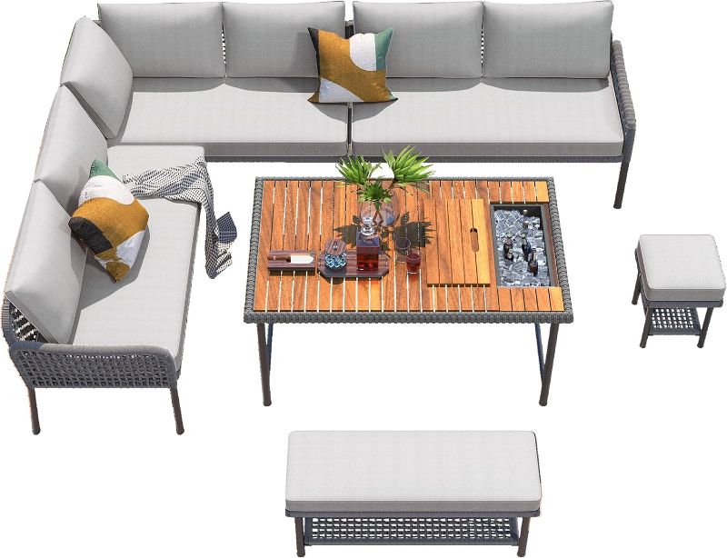 Photo 1 of 6-Piece Outdoor Rope Sectional Sofa Set with Acacia Wood Table Featuring Ice Box, Handwoven PP Rope Patio Seating Group with Cushioned Benches, Adjustable Metal Legs, Modular Deep Seating (Grey)

