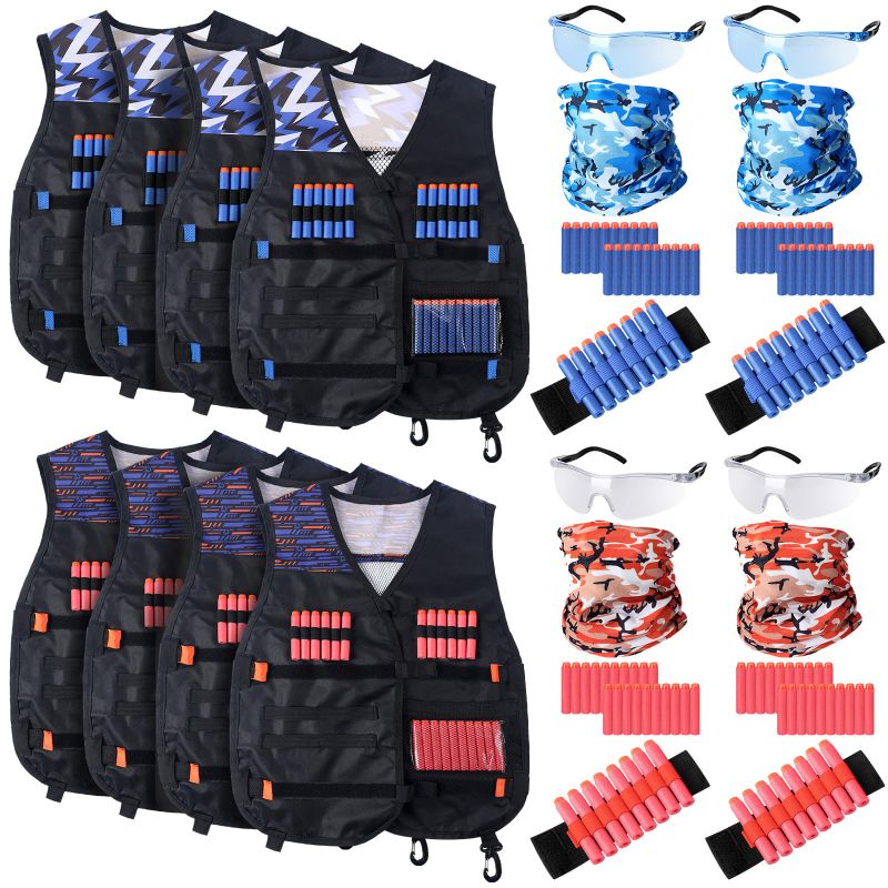 Photo 1 of Sosation 8 Sets Kids Tactical Vest Compatible with Nerf Party Favor Accessories, Face Mask Wrist Ammo Holder Toy Gift Supplies Boys (Orange and Blue)