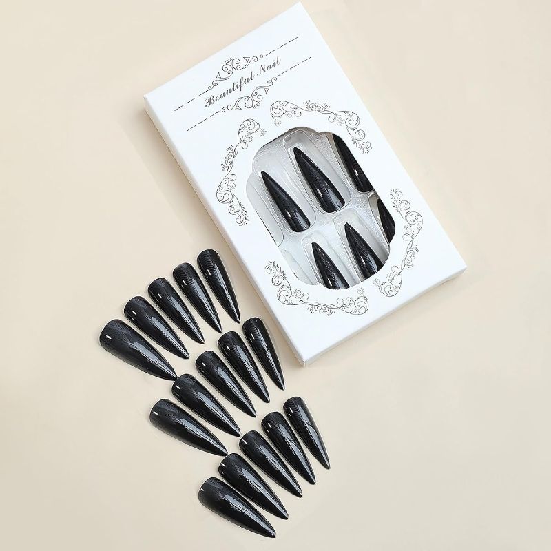 Photo 1 of MISUD Press on Nails - Long Stiletto Glue on Nails with Goth Black, Acrylic Gothic Design 24 pcs