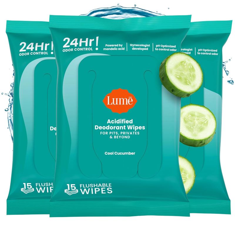 Photo 1 of Lume Acidified Deodorant Wipes - 24 Hour Odor Control - Aluminum Free, Baking Soda Free, Skin Loving - Flushable - 15 Count pack of 2