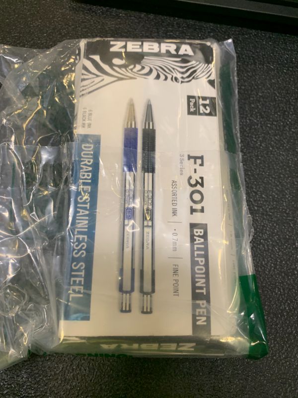 Photo 1 of Zebra F-301 Retractable Ballpoint Pen with Stainless Steel Barrel 0.7mm Fine Point - Pack of 12; 6 Black & 6 Blue