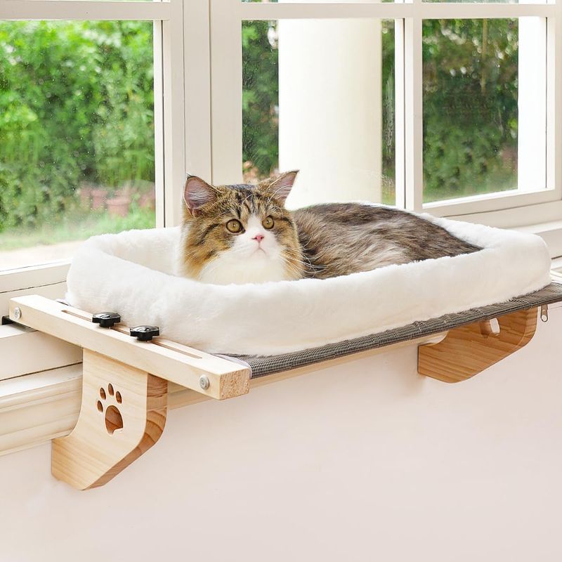 Photo 1 of AMOSIJOY Cat Sill Window Perch Sturdy Hammock Seat with Cushion Bed Cover, Wood & Metal Frame for Large Cats, Easy to Adjust Windowsill