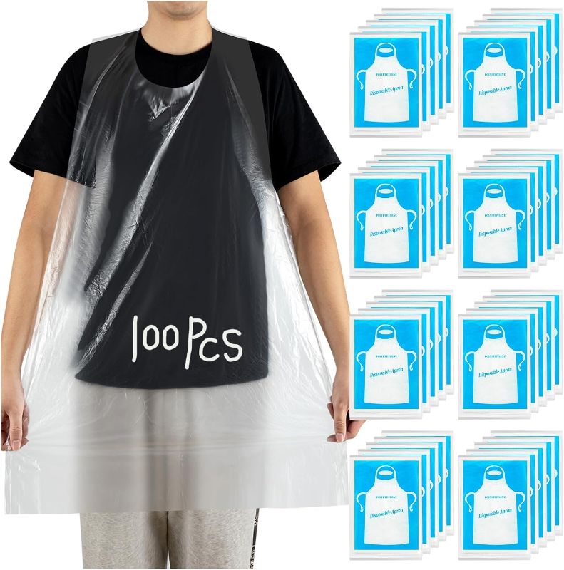 Photo 1 of 100Pcs Disposable Aprons for Adults, Plastic Aprons for Cooking, Waterproof Apron for Adults Painting Housework Picnic Party Etc