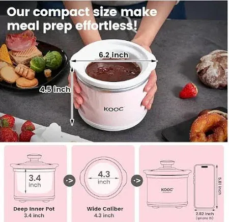 Photo 1 of KOOC Small Slow Cooker, 0.65 Quart, Free Liners Included, Upgraded Ceramic Pot, Nutrient Loss Reduction, Sauces, Stews & Dips, Stainless Steel, Pink, Round